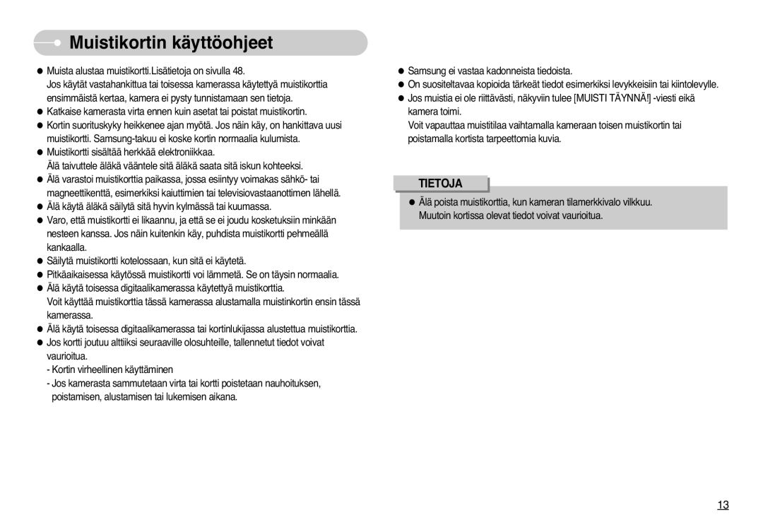 Samsung EC-L77ZZBBA/E1, EC-L77ZZBBA/DE manual Muistikortin käyttöohjeet 