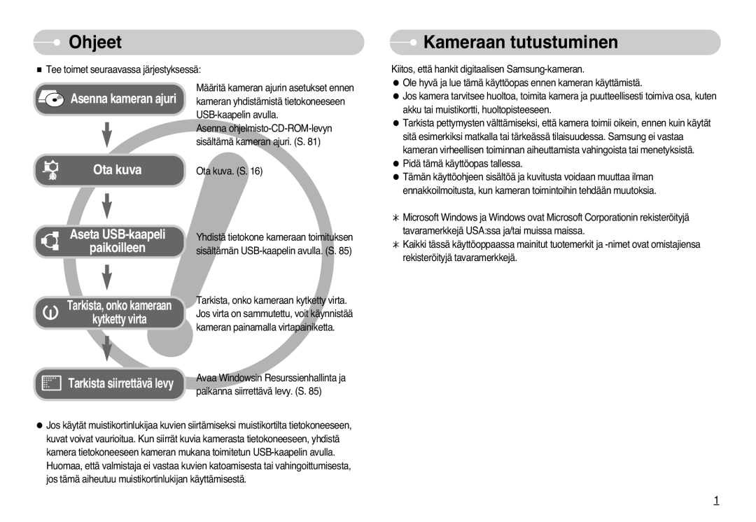 Samsung EC-L77ZZBBA/E1, EC-L77ZZBBA/DE manual Ohjeet, Kameraan tutustuminen 