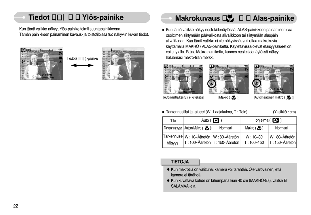 Samsung EC-L77ZZBBA/DE, EC-L77ZZBBA/E1 manual Tiedot / Ylös-painike, Makrokuvaus / Alas-painike 