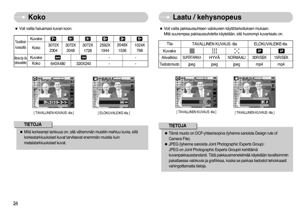 Samsung EC-L77ZZBBA/DE, EC-L77ZZBBA/E1 manual Koko Laatu / kehysnopeus, Normaali 30R/SEK 15R/SEK 