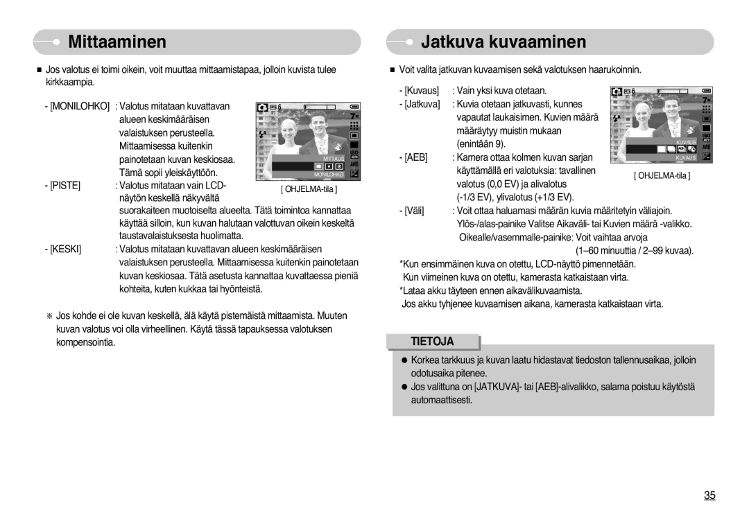 Samsung EC-L77ZZBBA/E1, EC-L77ZZBBA/DE manual Mittaaminen, Jatkuva kuvaaminen, Monilohko, Piste, Keski 