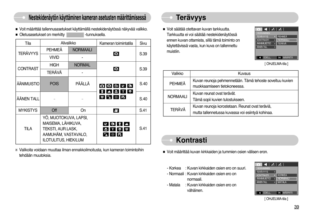 Samsung EC-L77ZZBBA/E1, EC-L77ZZBBA/DE manual Terävyys, Kontrasti 