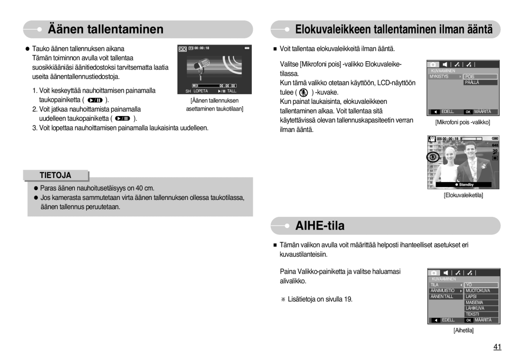 Samsung EC-L77ZZBBA/E1, EC-L77ZZBBA/DE manual AIHE-tila, Elokuvaleikkeen tallentaminen ilman ääntä 