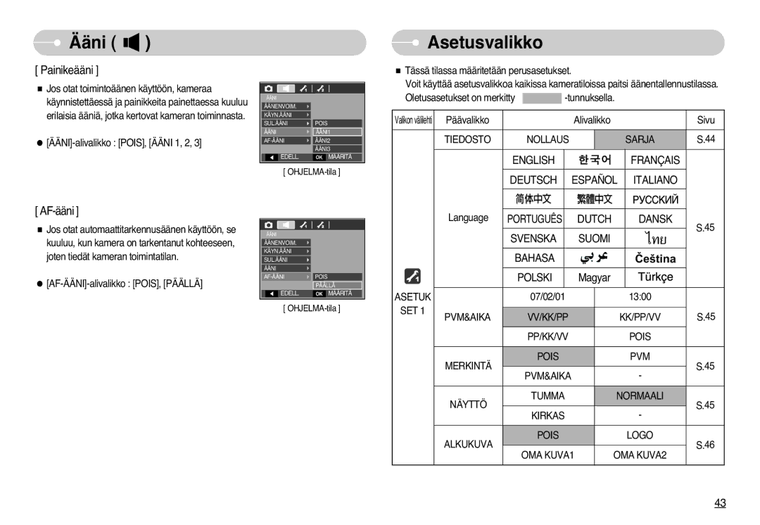 Samsung EC-L77ZZBBA/E1, EC-L77ZZBBA/DE manual Ääni, Asetusvalikko, Dutch Dansk Svenska Suomi Bahasa Polski, Asetuk 