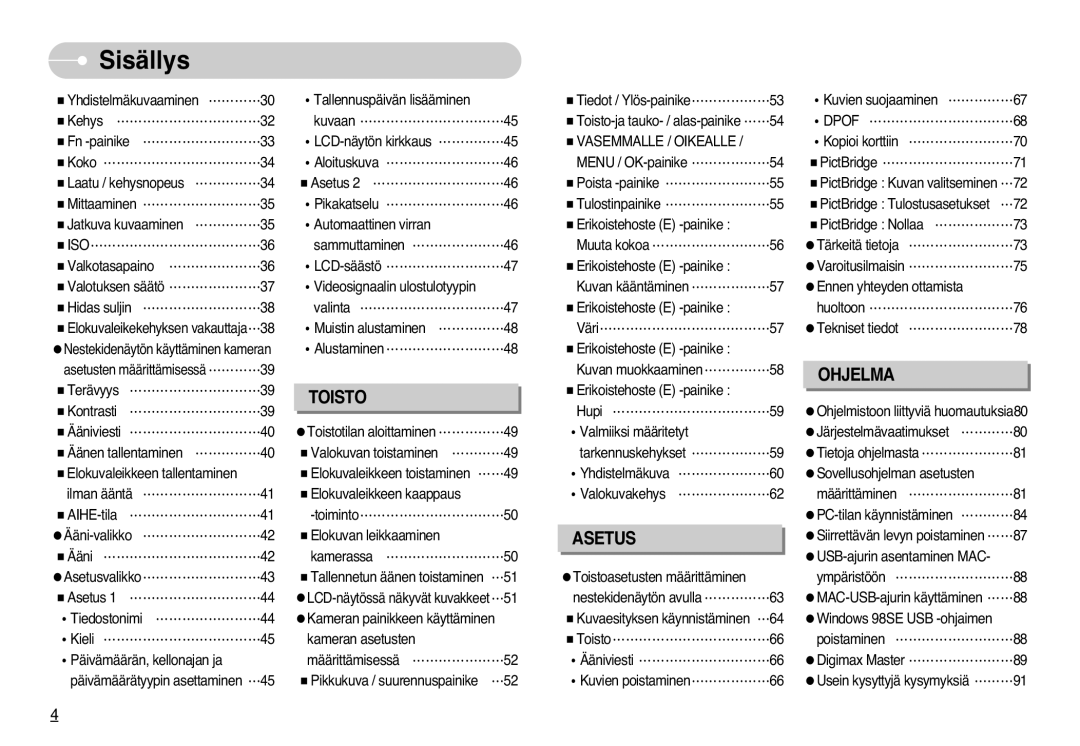 Samsung EC-L77ZZBBA/DE, EC-L77ZZBBA/E1 manual Toisto, Vasemmalle / Oikealle 