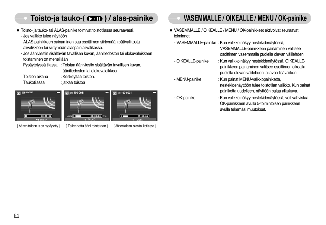 Samsung EC-L77ZZBBA/DE, EC-L77ZZBBA/E1 manual Toisto-ja tauko- / alas-painike, Vasemmalle / Oikealle / Menu / OK-painike 