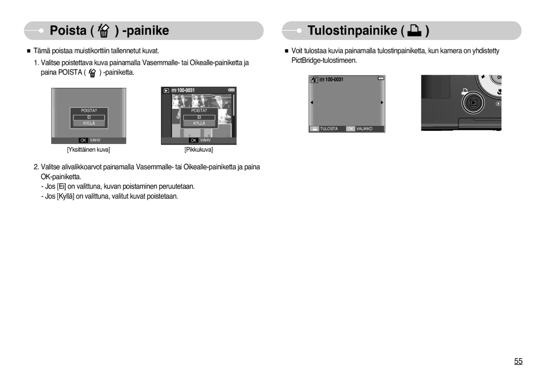 Samsung EC-L77ZZBBA/E1, EC-L77ZZBBA/DE manual Poista Painike Tulostinpainike 