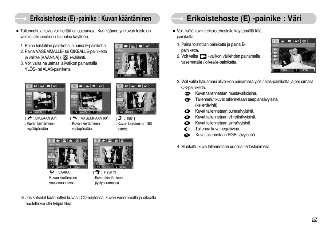 Samsung EC-L77ZZBBA/E1, EC-L77ZZBBA/DE manual Erikoistehoste E -painike Kuvan kääntäminen 