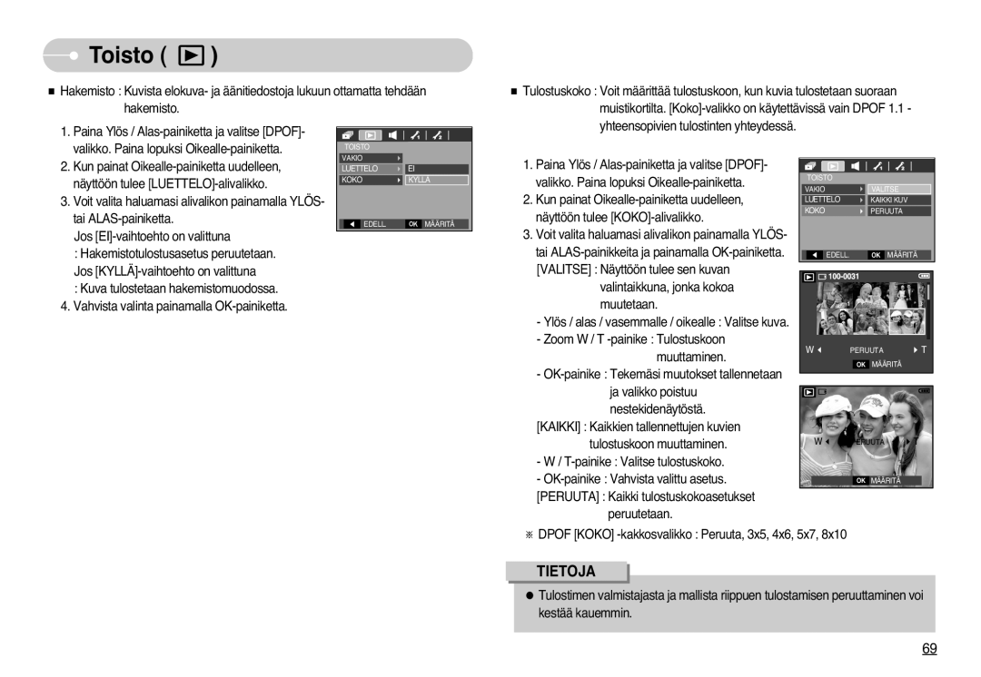 Samsung EC-L77ZZBBA/E1, EC-L77ZZBBA/DE manual ※ Dpof Koko -kakkosvalikko Peruuta, 3x5, 4x6, 5x7 