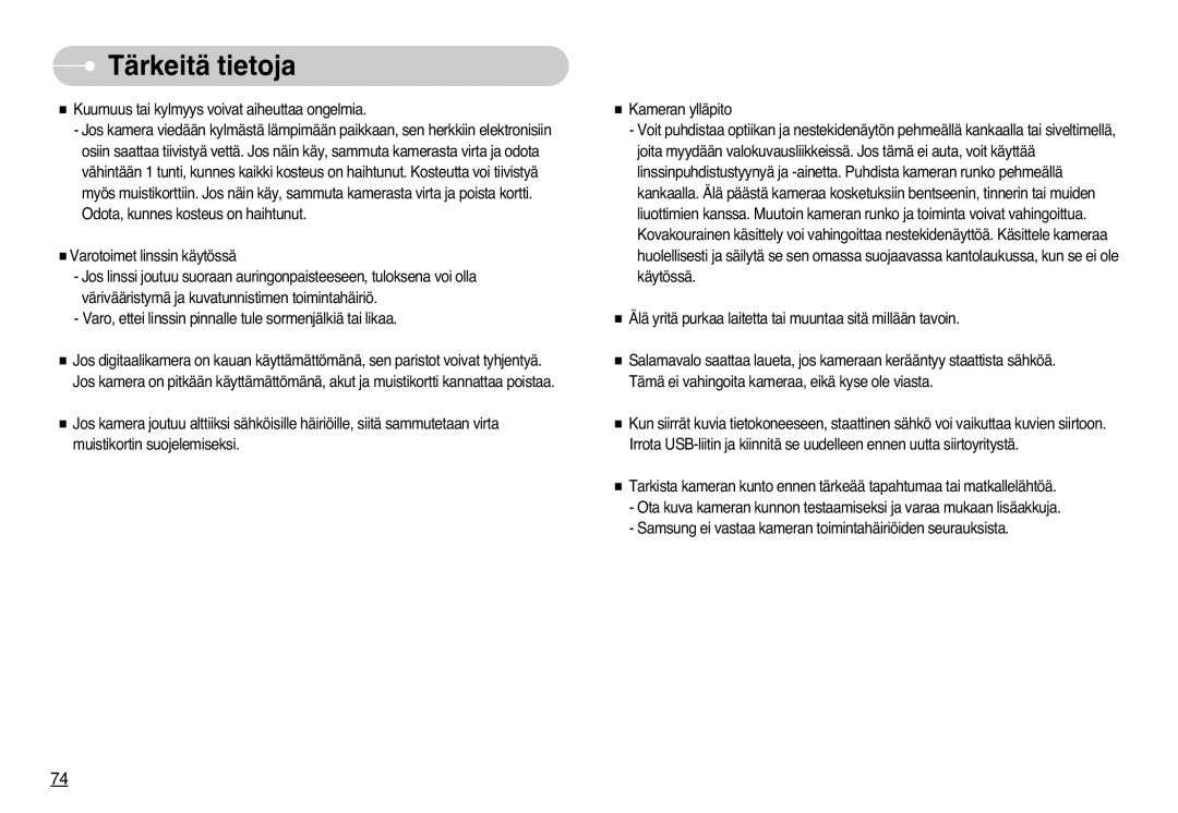 Samsung EC-L77ZZBBA/DE, EC-L77ZZBBA/E1 manual Tärkeitä tietoja 