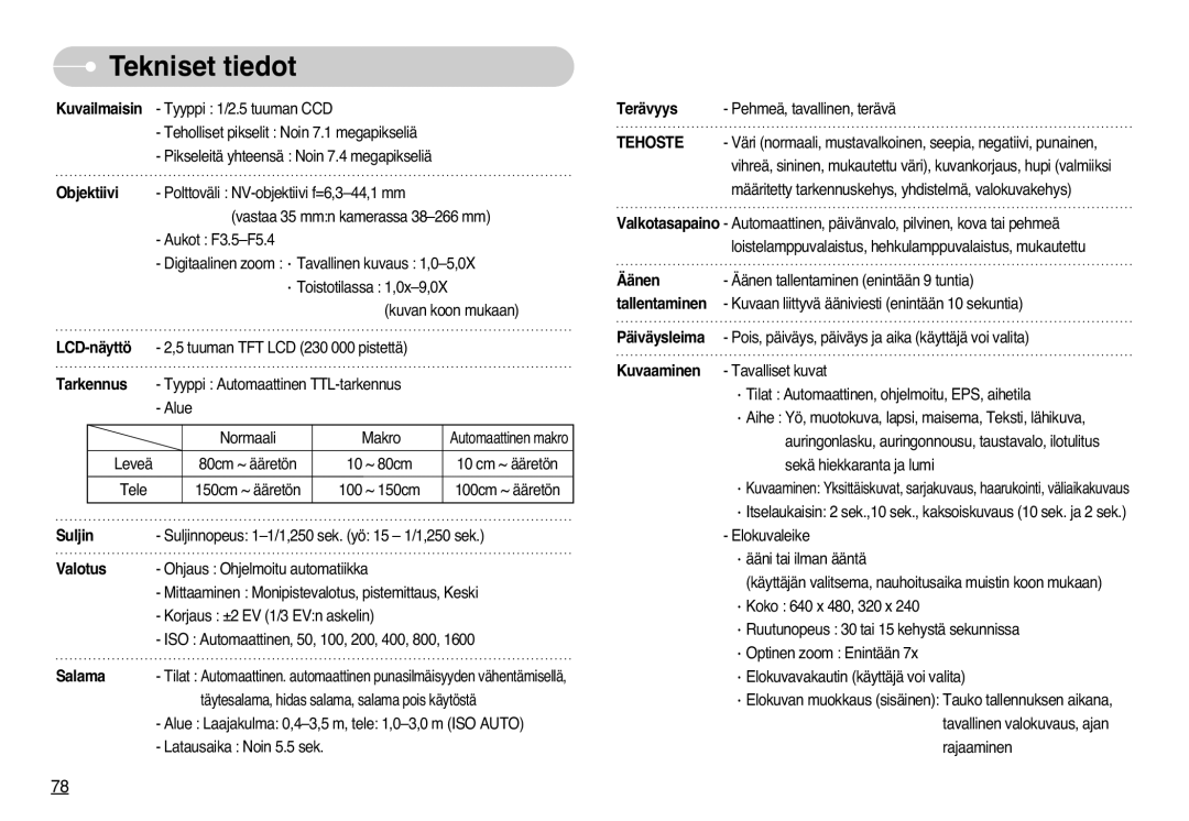 Samsung EC-L77ZZBBA/DE, EC-L77ZZBBA/E1 manual Tekniset tiedot, Tarkennus 