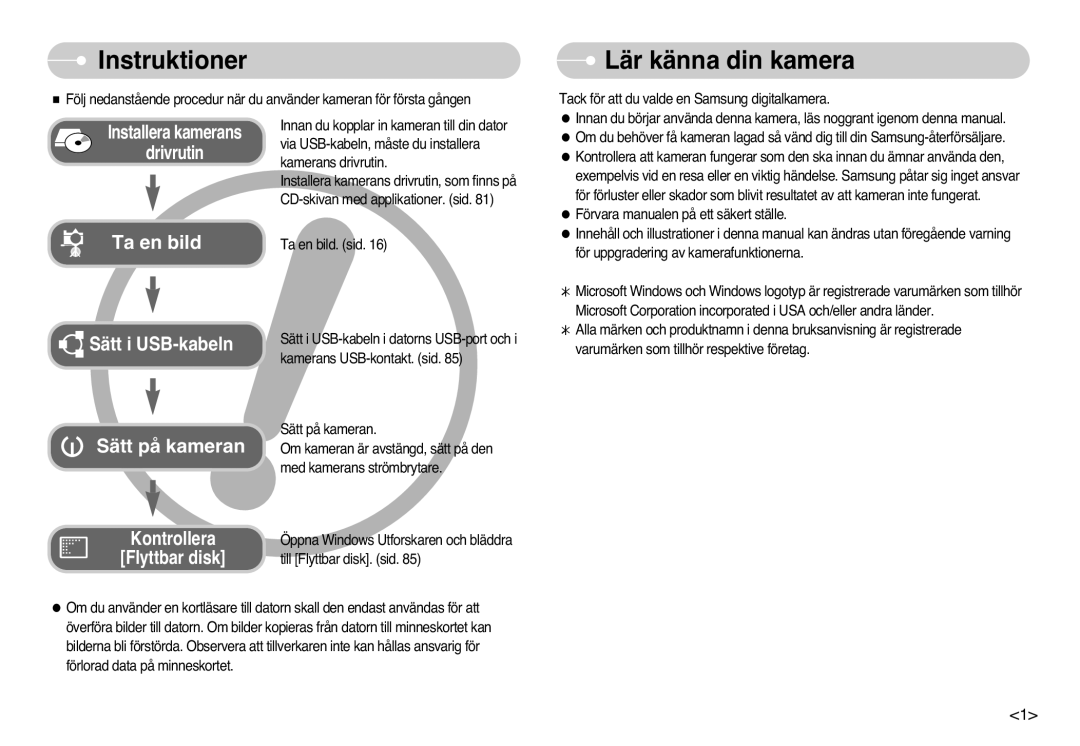 Samsung EC-L77ZZBBA/E1, EC-L77ZZBBA/DE manual Instruktioner, Lär känna din kamera 