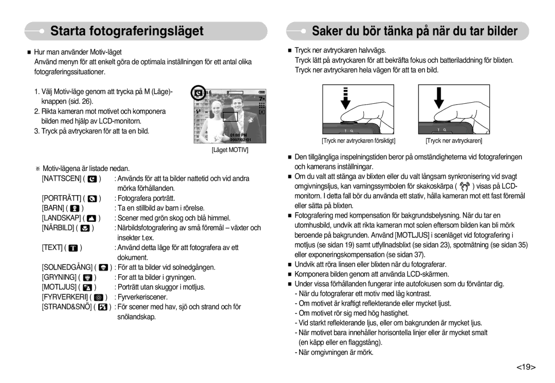 Samsung EC-L77ZZBBA/E1, EC-L77ZZBBA/DE manual Saker du bör tänka på när du tar bilder 