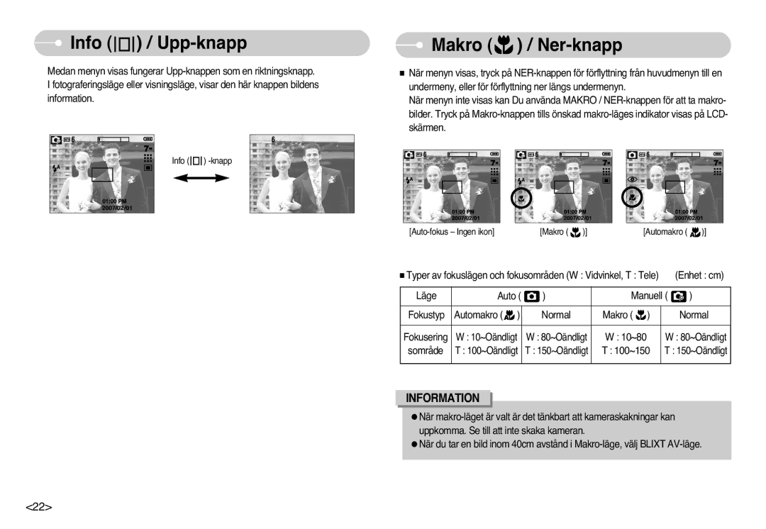 Samsung EC-L77ZZBBA/DE, EC-L77ZZBBA/E1 manual Info / Upp-knapp, Makro / Ner-knapp 