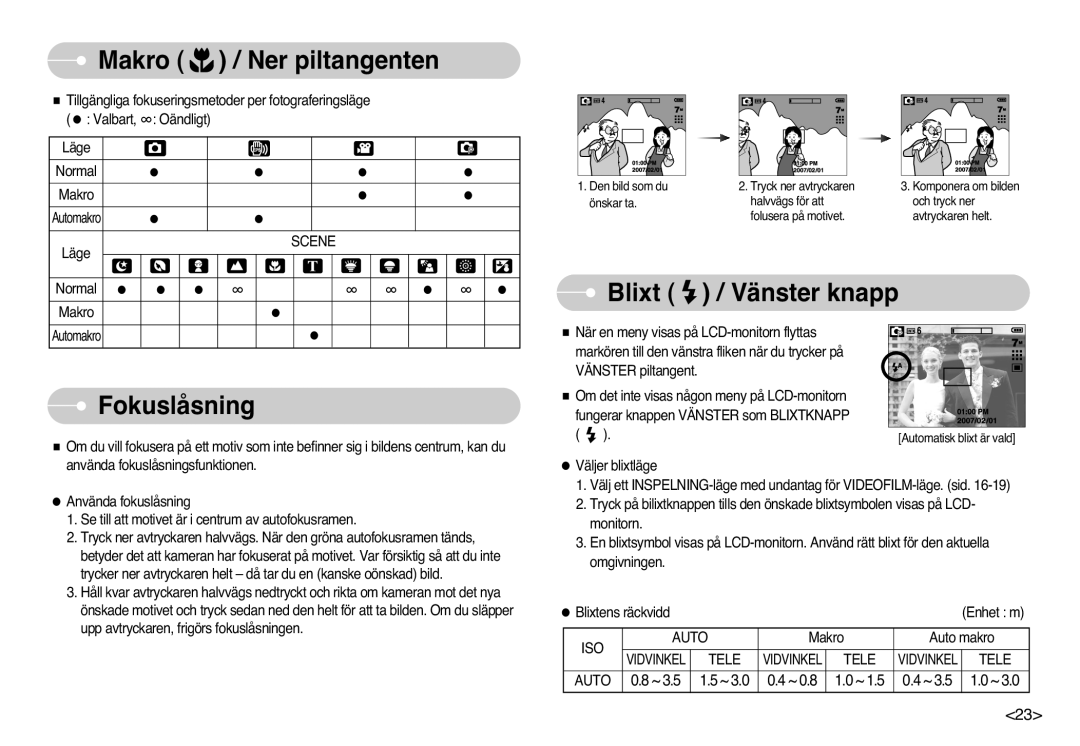 Samsung EC-L77ZZBBA/E1, EC-L77ZZBBA/DE manual Makro / Ner piltangenten, Fokuslåsning, Blixt / Vänster knapp 