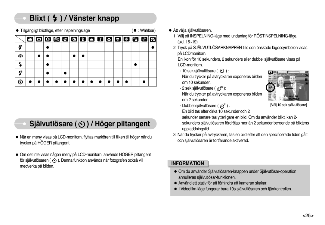 Samsung EC-L77ZZBBA/E1, EC-L77ZZBBA/DE manual Blixt Vänster knapp, Självutlösare / Höger piltangent 