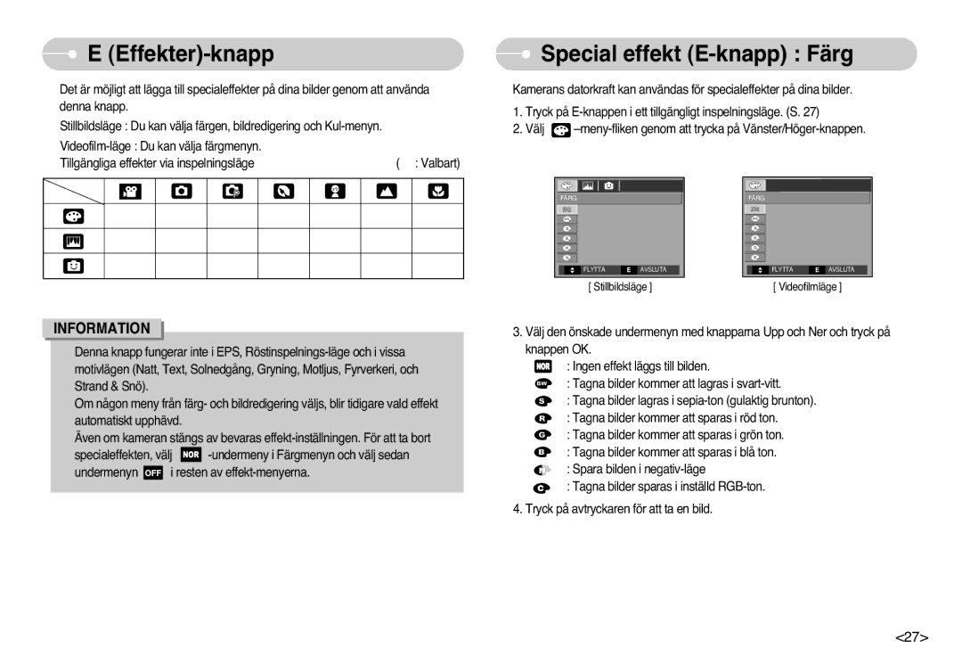 Samsung EC-L77ZZBBA/E1, EC-L77ZZBBA/DE manual Effekter-knapp, Special effekt E-knapp Färg 