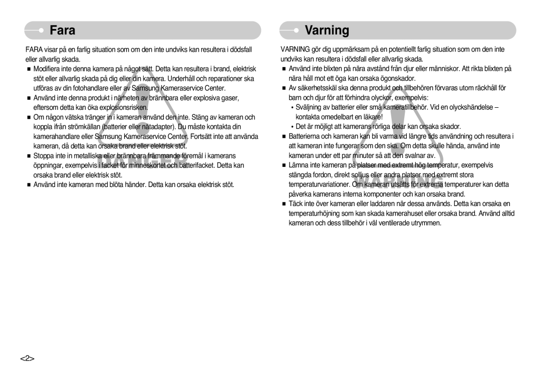 Samsung EC-L77ZZBBA/DE, EC-L77ZZBBA/E1 manual Fara, Varning 