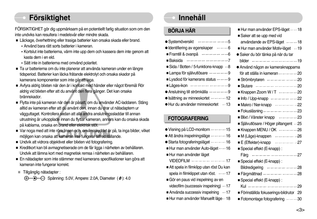 Samsung EC-L77ZZBBA/E1, EC-L77ZZBBA/DE manual Försiktighet, Innehåll, Videofilm 