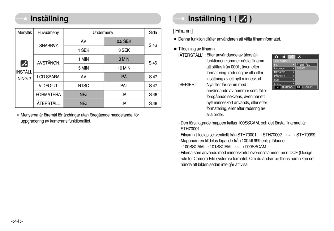 Samsung EC-L77ZZBBA/DE manual Snabbvy, SEK Avstängn MIN Inställ, LCD Spara Ning VIDEO-UT Ntsc PAL Formatera NEJ Återställ 