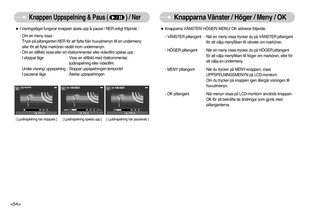 Samsung EC-L77ZZBBA/DE, EC-L77ZZBBA/E1 manual Knapparna Vänster / Höger / Meny / OK, Knappen Uppspelning & Paus / Ner 