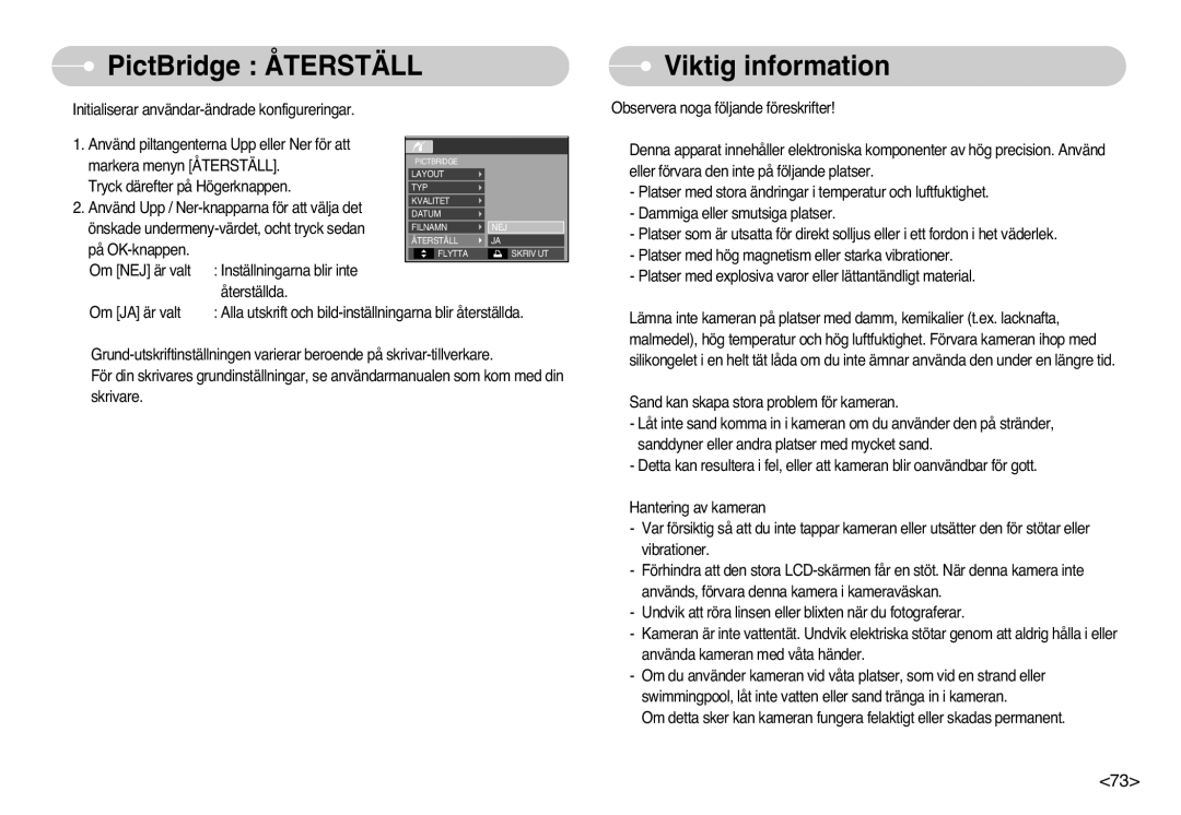 Samsung EC-L77ZZBBA/E1, EC-L77ZZBBA/DE manual PictBridge Återställ Viktig information 