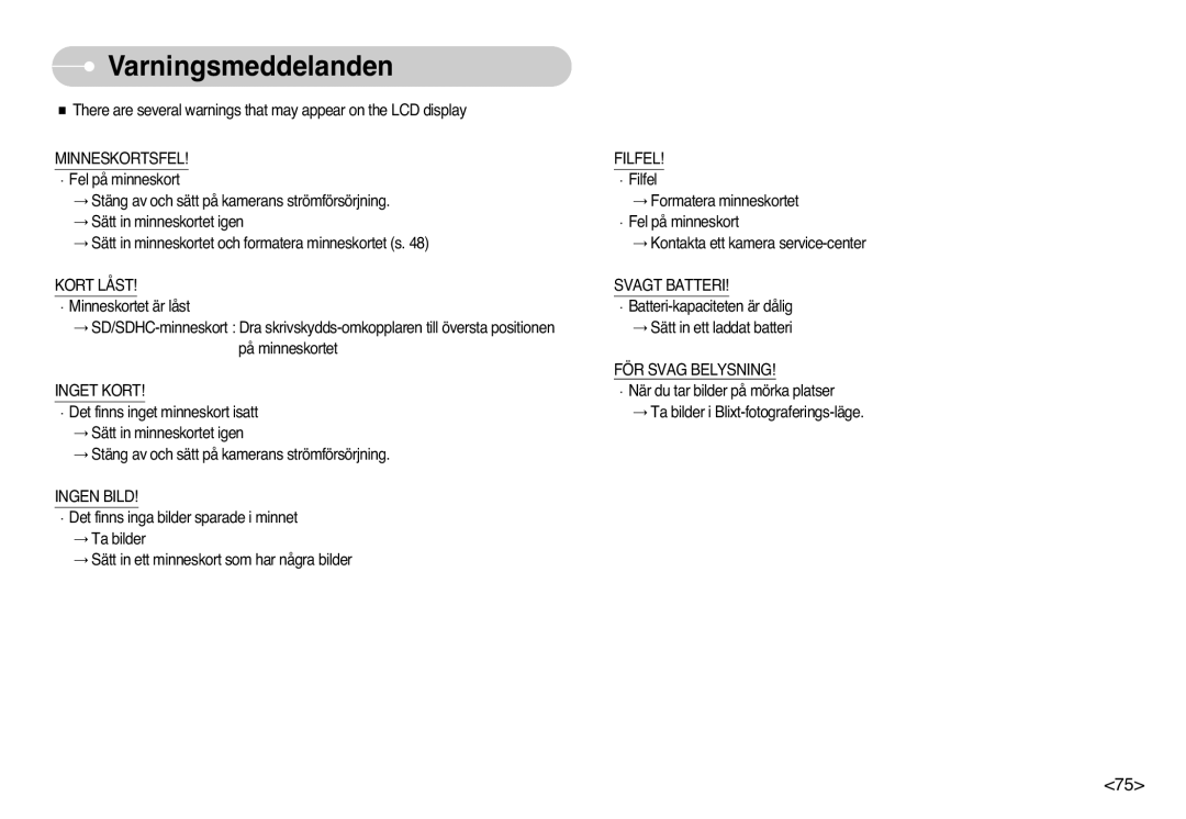 Samsung EC-L77ZZBBA/E1, EC-L77ZZBBA/DE manual Varningsmeddelanden 