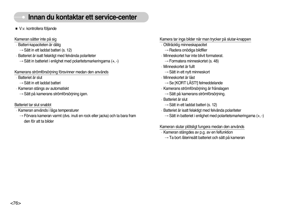 Samsung EC-L77ZZBBA/DE, EC-L77ZZBBA/E1 manual Innan du kontaktar ett service-center 