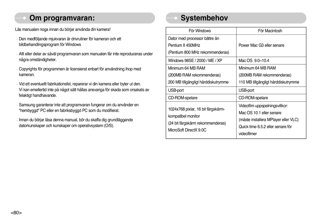 Samsung EC-L77ZZBBA/DE, EC-L77ZZBBA/E1 manual Om programvaran, Systembehov 