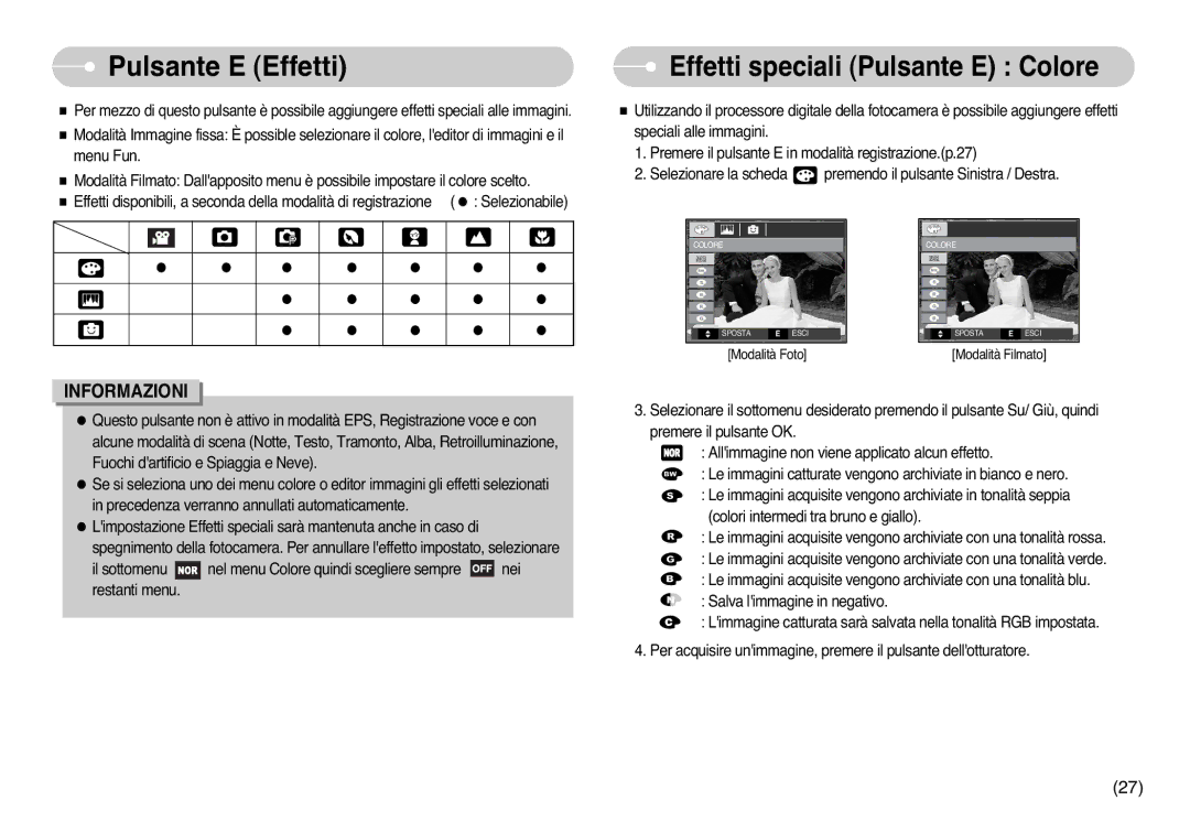 Samsung EC-L77ZZBBA/DE, EC-L77ZZBBE/E1, STC-L77B manual Pulsante E Effetti, Effetti speciali Pulsante E Colore 