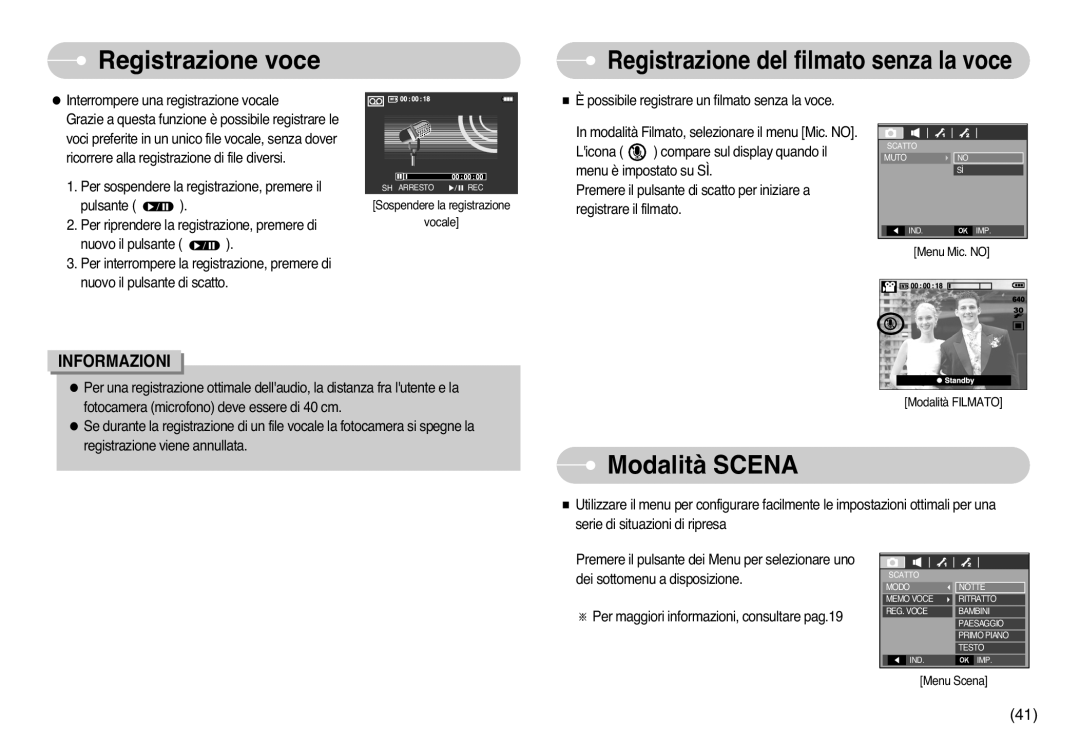 Samsung EC-L77ZZBBE/E1, EC-L77ZZBBA/DE, STC-L77B manual Modalità Scena, Registrazione del filmato senza la voce 