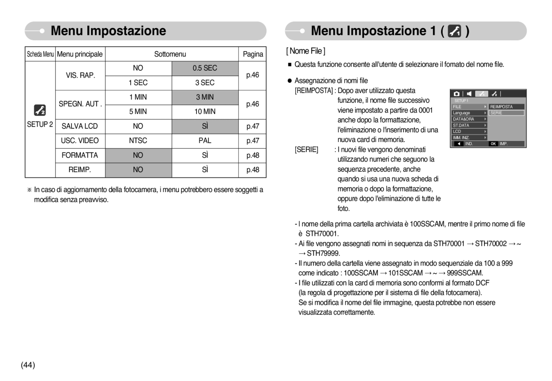 Samsung EC-L77ZZBBE/E1, EC-L77ZZBBA/DE Vis. Rap, Sec Spegn. Aut Min, Setup 2 Salva LCD USC. Video Ntsc PAL Formatta Reimp 