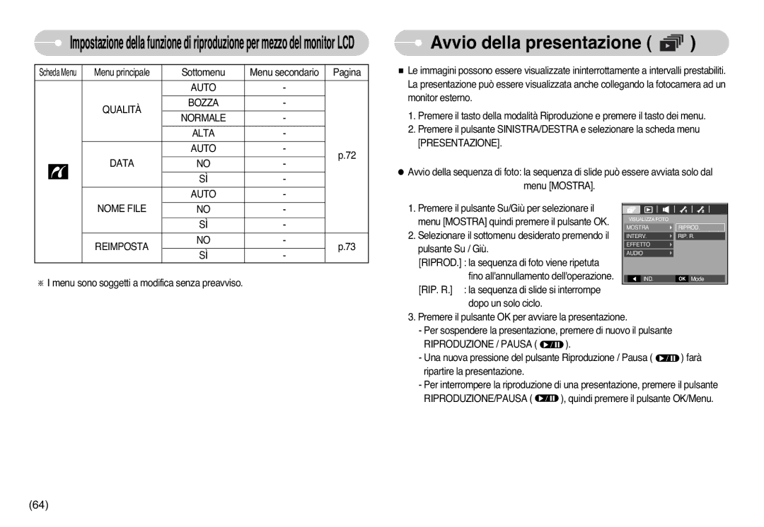 Samsung STC-L77B manual Avvio della presentazione, Auto Qualità Bozza Normale Alta Data Nome File Reimposta, Presentazione 