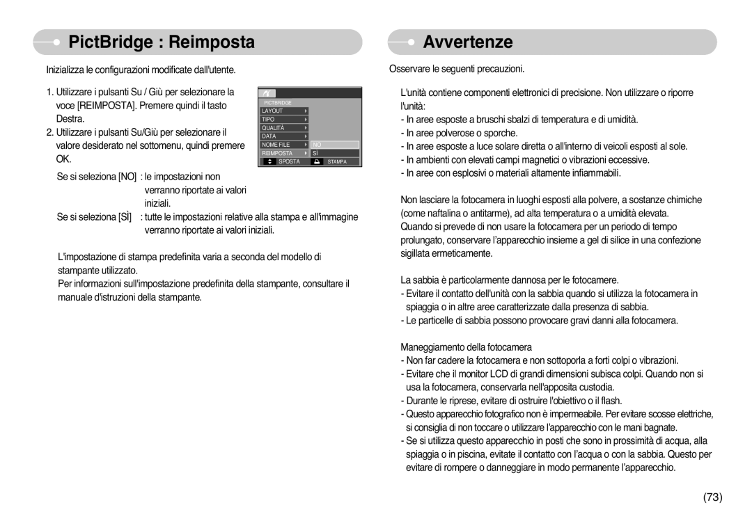 Samsung STC-L77B, EC-L77ZZBBE/E1, EC-L77ZZBBA/DE manual PictBridge Reimposta Avvertenze 