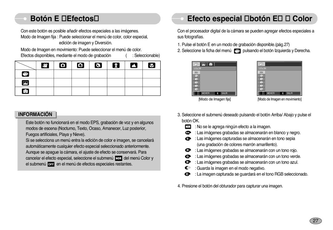 Samsung EC-L77ZZBBA/E1, EC-L77ZZBBE/E1, EC-L77ZZBBA/DE manual Botón E Efectos, Efecto especial botón E Color 