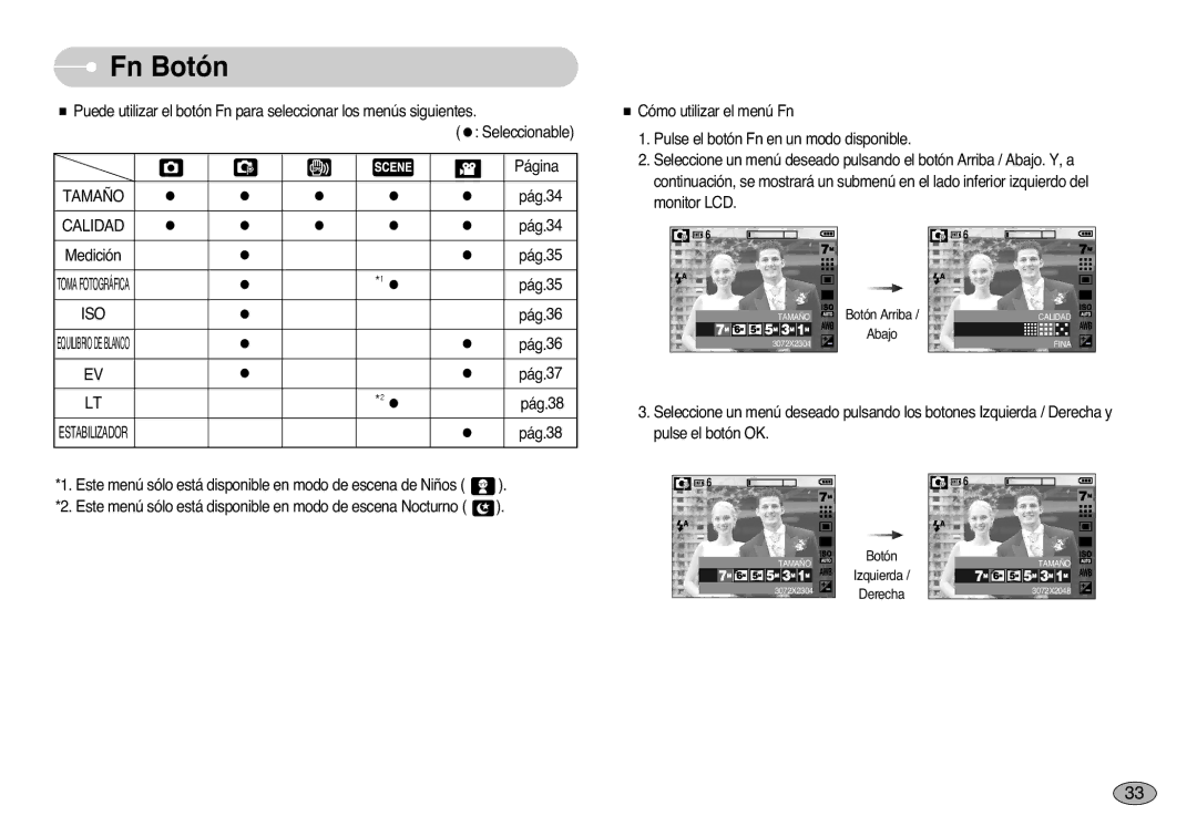 Samsung EC-L77ZZBBA/E1, EC-L77ZZBBE/E1, EC-L77ZZBBA/DE manual Fn Botón, Tamaño, Calidad 