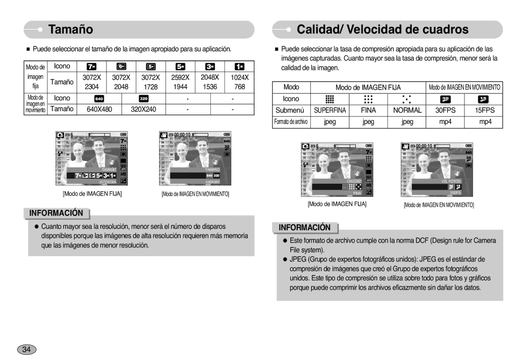 Samsung EC-L77ZZBBA/DE, EC-L77ZZBBE/E1, EC-L77ZZBBA/E1 manual Tamaño, Calidad/ Velocidad de cuadros, Fina Normal, 15FPS 