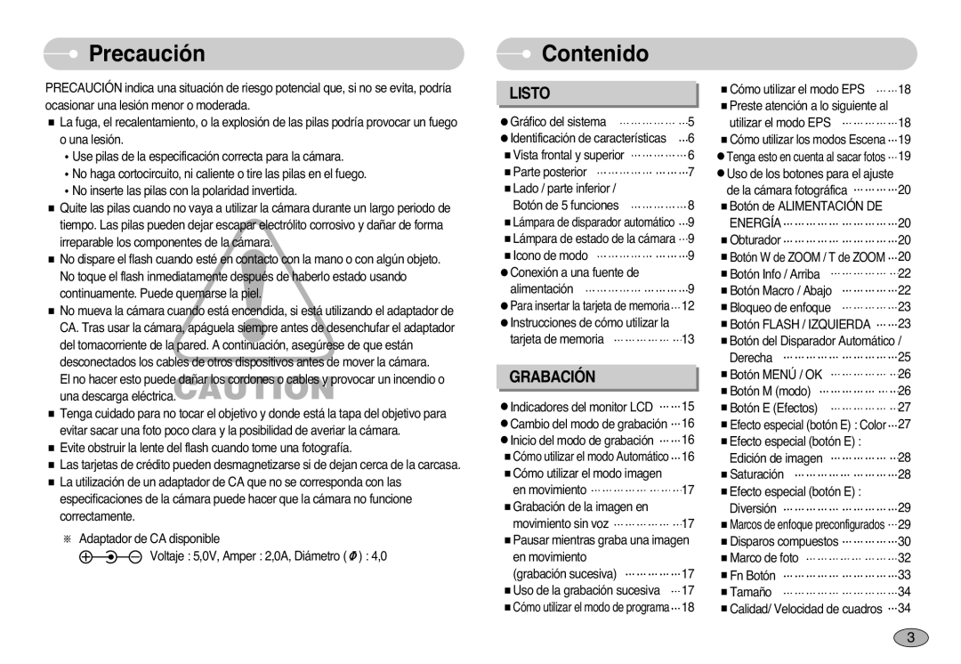 Samsung EC-L77ZZBBA/E1, EC-L77ZZBBE/E1, EC-L77ZZBBA/DE manual Precaución, Contenido, Energía 