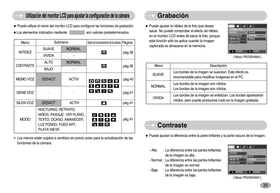 Samsung EC-L77ZZBBA/E1, EC-L77ZZBBE/E1, EC-L77ZZBBA/DE manual Grabación, Contraste 