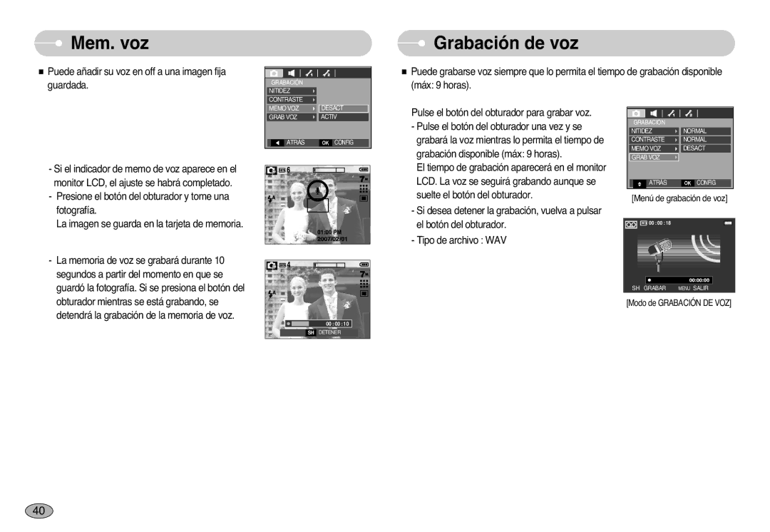 Samsung EC-L77ZZBBA/DE, EC-L77ZZBBE/E1, EC-L77ZZBBA/E1 manual Mem. voz, Grabación de voz 