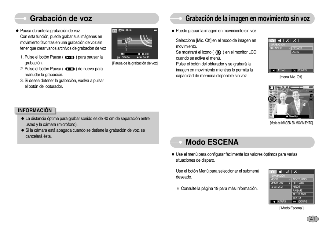 Samsung EC-L77ZZBBE/E1, EC-L77ZZBBA/E1, EC-L77ZZBBA/DE manual Modo Escena, Grabación de la imagen en movimiento sin voz 