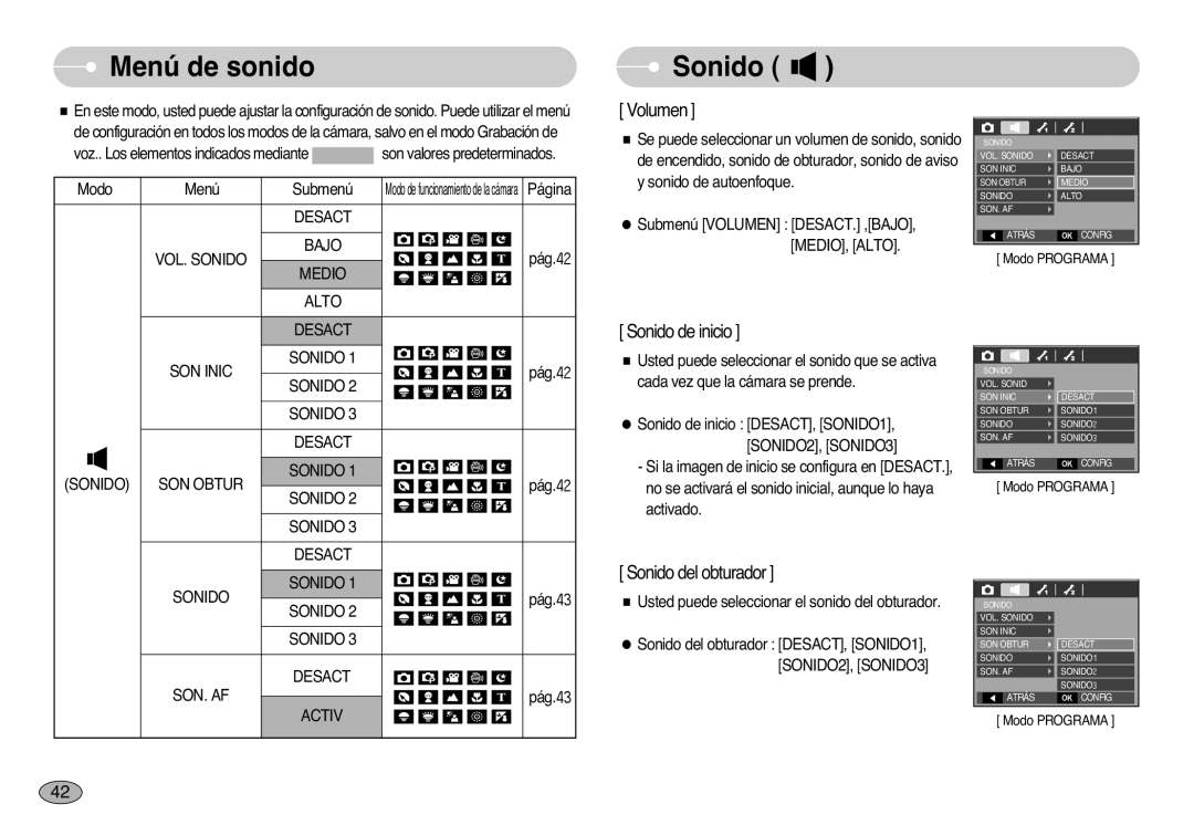 Samsung EC-L77ZZBBA/E1, EC-L77ZZBBE/E1, EC-L77ZZBBA/DE manual Menú de sonido, Sonido 