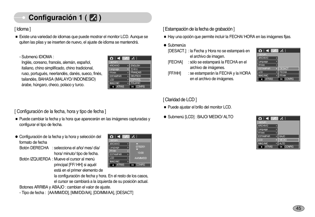 Samsung EC-L77ZZBBA/E1, EC-L77ZZBBE/E1, EC-L77ZZBBA/DE manual Idioma, Ff/Hh 