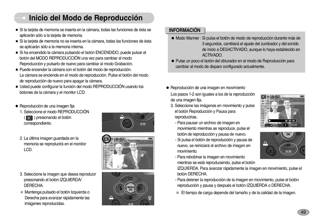 Samsung EC-L77ZZBBA/DE, EC-L77ZZBBE/E1, EC-L77ZZBBA/E1 manual Inicio del Modo de Reproducción, Activado 