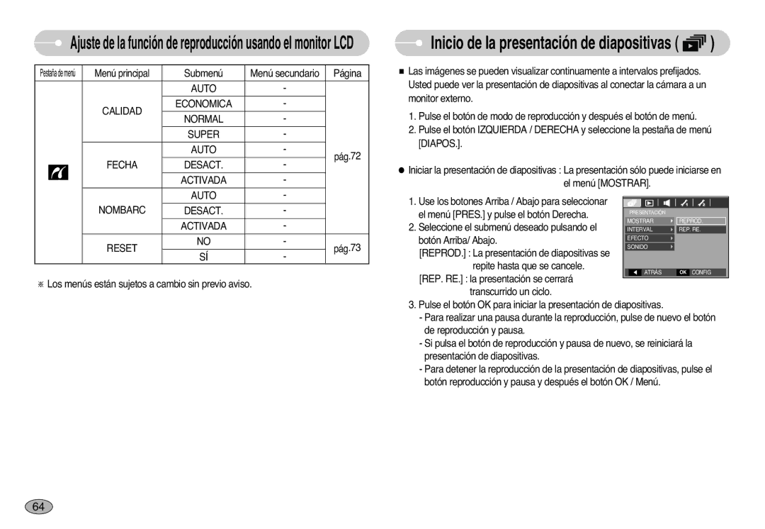 Samsung EC-L77ZZBBA/DE, EC-L77ZZBBE/E1 manual Auto Calidad Economica Normal Super, Fecha Desact Activada Auto Nombarc Reset 