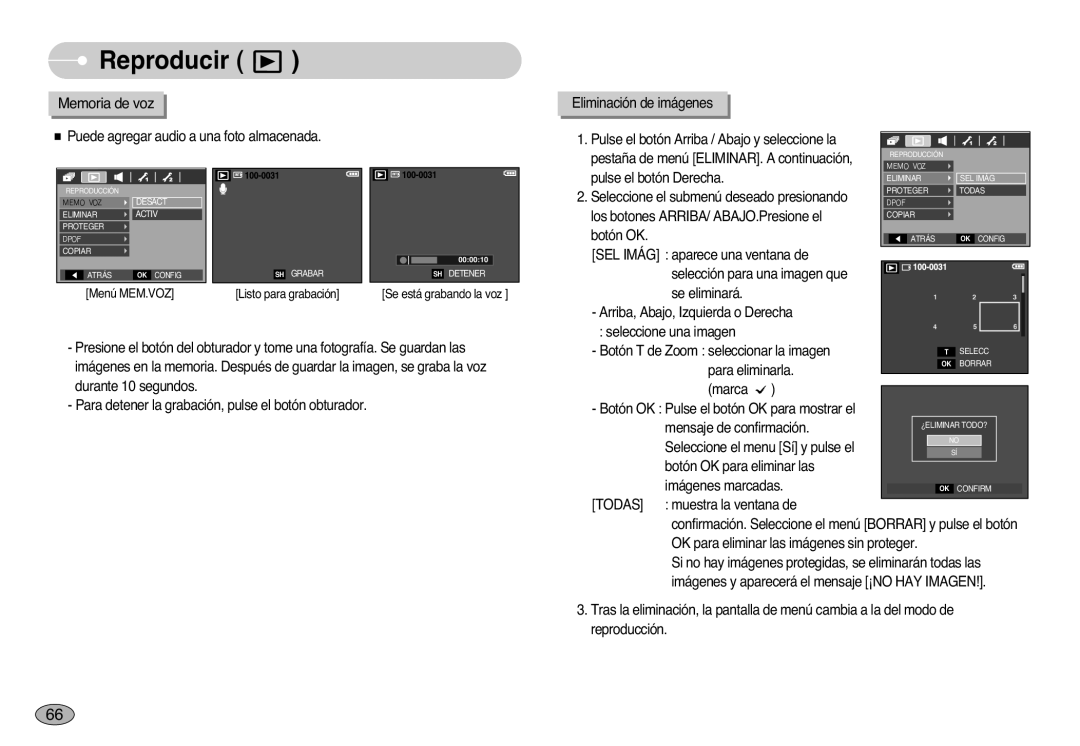 Samsung EC-L77ZZBBA/E1, EC-L77ZZBBE/E1, EC-L77ZZBBA/DE manual Reproducir, Memoria de voz 