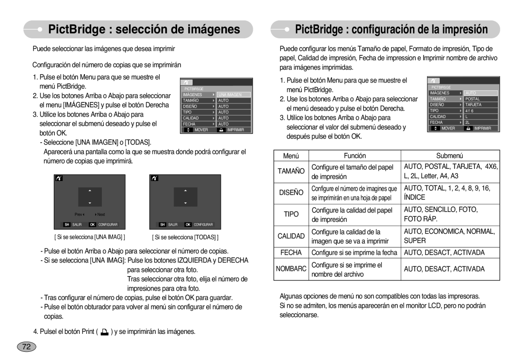 Samsung EC-L77ZZBBA/E1, EC-L77ZZBBE/E1 manual PictBridge selección de imágenes, AUTO, POSTAL, Tarjeta, AUTO, SENCILLO, Foto 