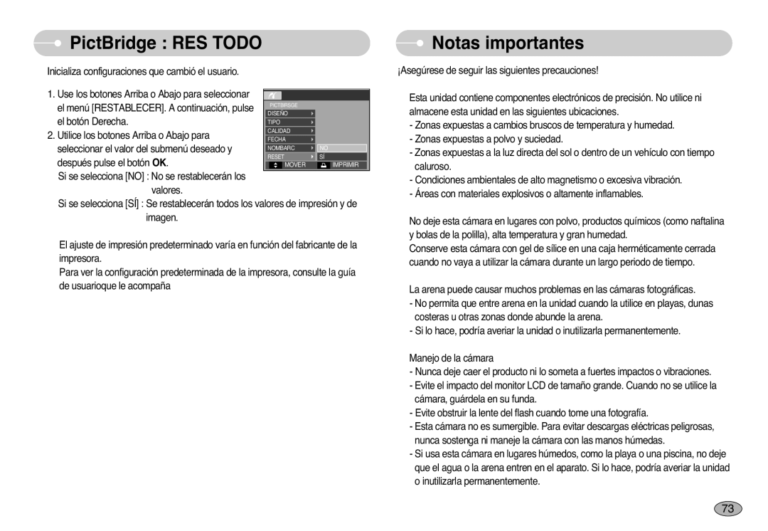 Samsung EC-L77ZZBBA/DE, EC-L77ZZBBE/E1, EC-L77ZZBBA/E1 manual PictBridge RES Todo, Notas importantes 