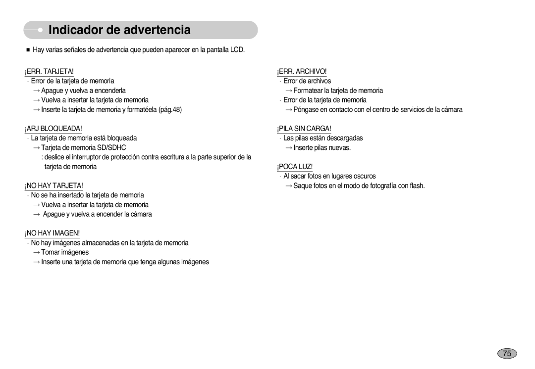 Samsung EC-L77ZZBBA/E1, EC-L77ZZBBE/E1, EC-L77ZZBBA/DE manual Indicador de advertencia 