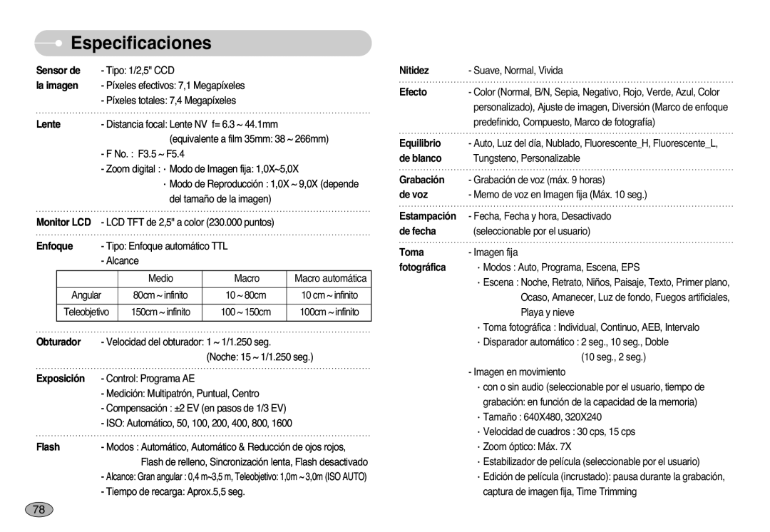 Samsung EC-L77ZZBBA/E1, EC-L77ZZBBE/E1, EC-L77ZZBBA/DE manual Especificaciones, Lente 